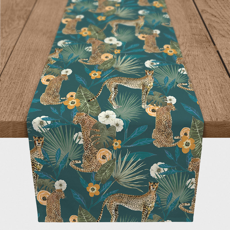 Ayvrie Rectangle Floral Polyester Table Runner, 72" L x 16" D, Teal