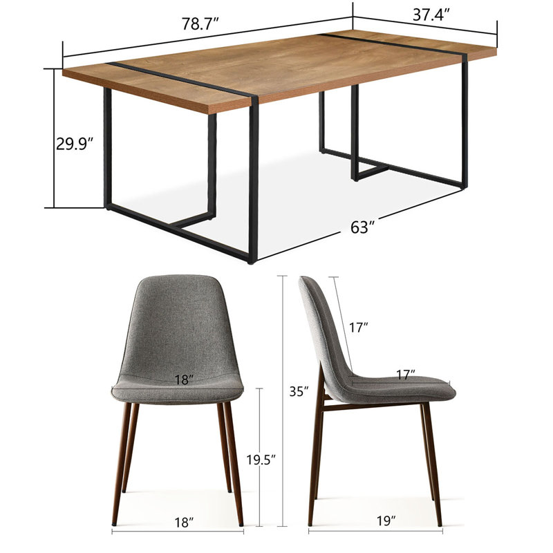 Modern 9-Piece 78.7" Rectangular Dining Table Set With 8 Upholstered Chairs And Metal Legs, Gray