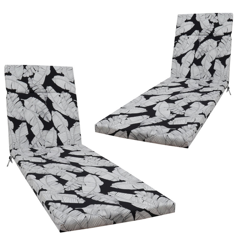 Black Leaf Pattern Chaise Lounge Cushions Set of 2, 75"x22.8"x2" Outdoor Patio Seat Cushion with Secure Ties for Pool Lawn Backyard Beach Furniture