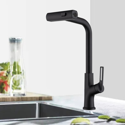 360 Swivel Kitchen Faucet With Pull-Down , Matte Black Appearance, Single Handle, Hot And Cold Water, Three Spray Settings Sink Pull Down Surface, Turning, Choices