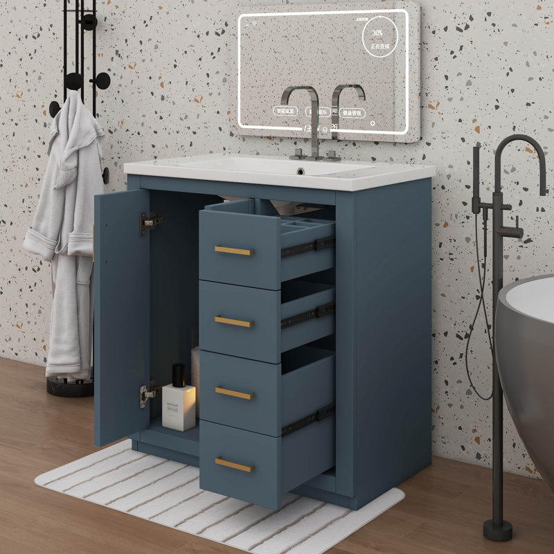 Ensemble de meuble-lavabo autonome 36 po avec lavabo en céramique 36 po et 3 tiroirs spacieux, Argent argent, Bleu