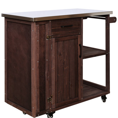 Chariot de cuisine de jardin avec plan de travail en acier inoxydable rouille, bois de sapin robuste, tiroir coulissant, tablettes ouvertes, brun foncé