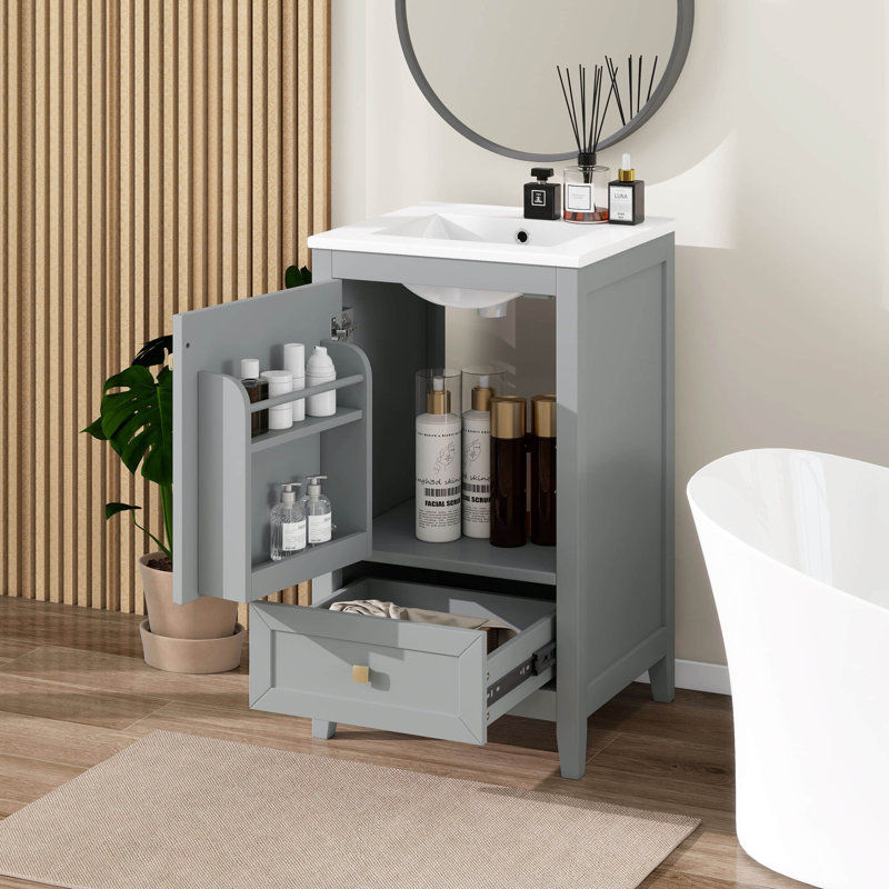 Meuble-lavabo de 20 po avec lavabo, meuble-lavabo en bois massif avec tiroir, support de rangement et porte à fermeture douce