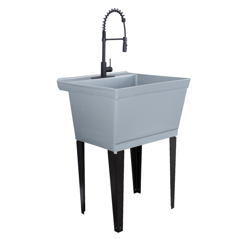 22.875 In. X 23.5 In. 19 Gallon Thermoplastic Utility Sink Set With High-Arc Coil Pull-Down Faucet, Black, Gray