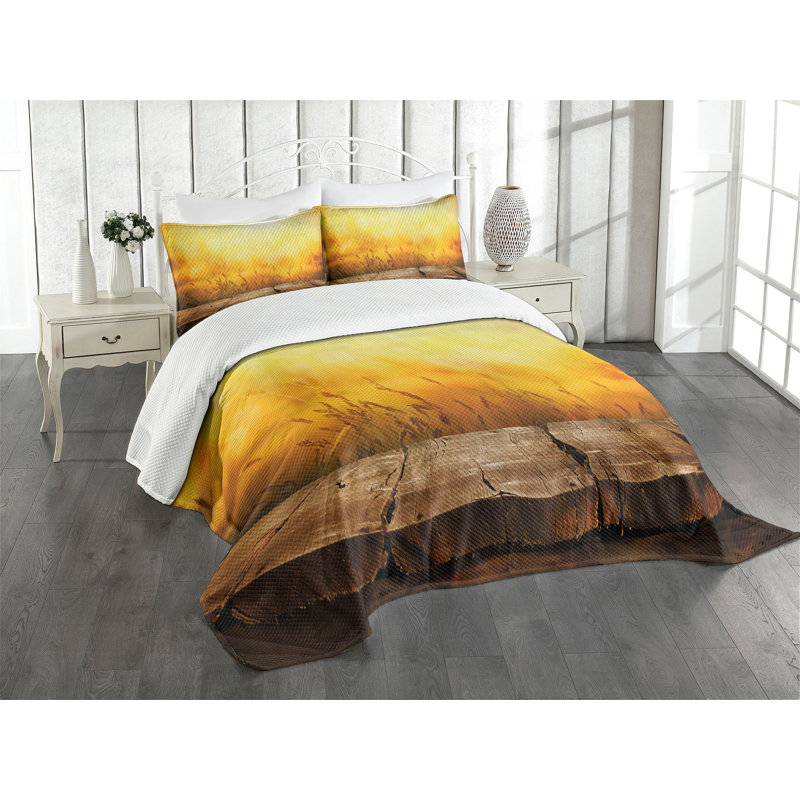 Ambesonne Fall Bedspread Set Empty Tabletop and Wheat Brown Orange Yellow, King Bedspread + 2 Standard Shams