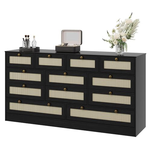 Commodes en bois pour la chambre à coucher avec 12 tiroirs en rotin, commode de 61 po de large pour le salon, couloir, Noir