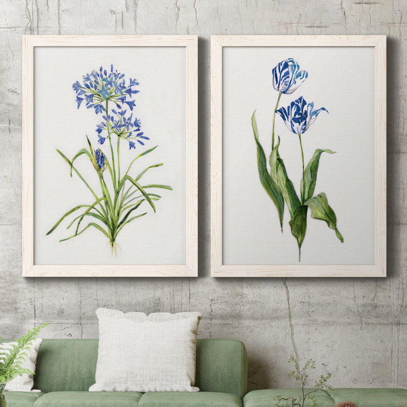 «Blue Lived Botanical I», ensemble de 2 peintures sur toile encadrées, H 20 po x l 34 po x P 1,5 po, Blanc