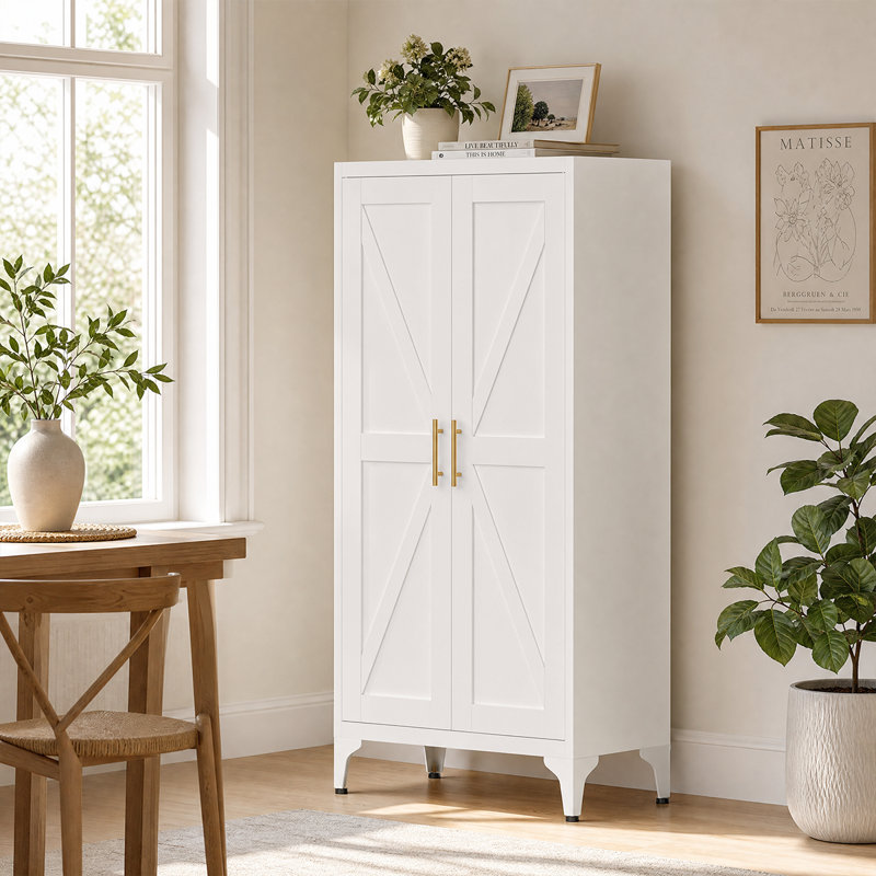 Versatile All-Steel Kitchen Pantry Cabinet With Adjustable Shelving And Secure Magnetic Closure, White