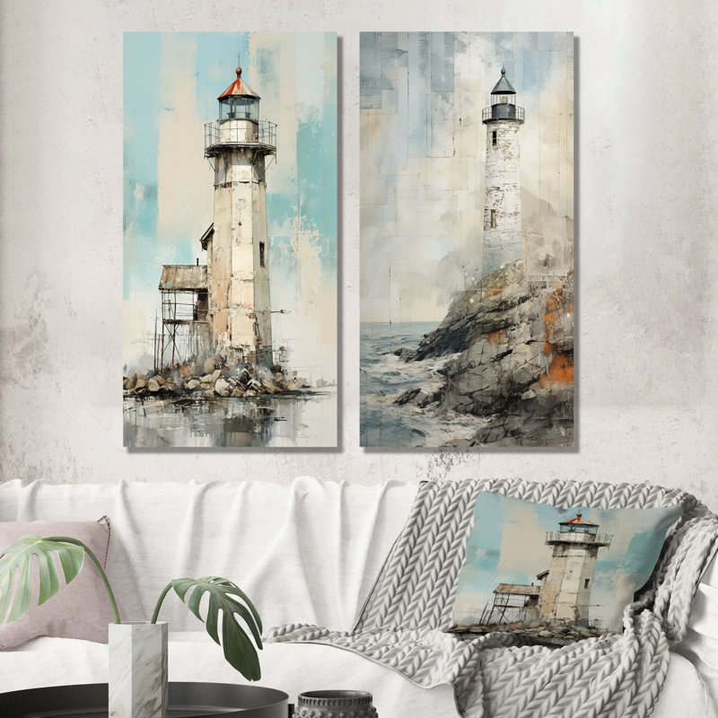 «Gray Minimal Coastal Light House», ensemble d'art mural sur toile Coastal Light House, H 28 po x l 25 po, Toile tendue
