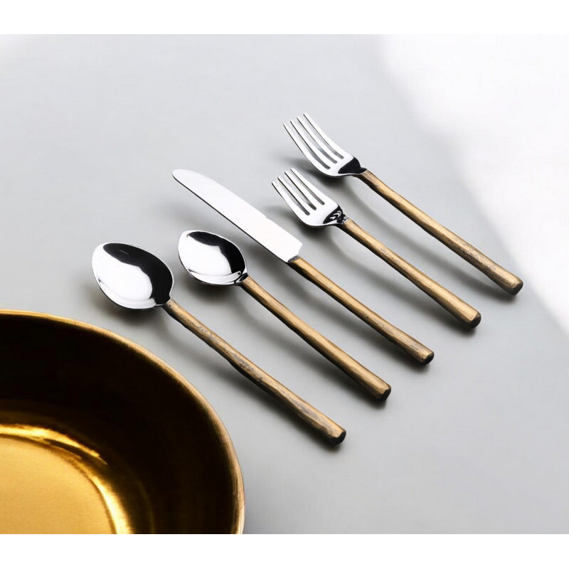 Ensemble de couverts forgés à la main en acier inoxydable or mat 20 pièces