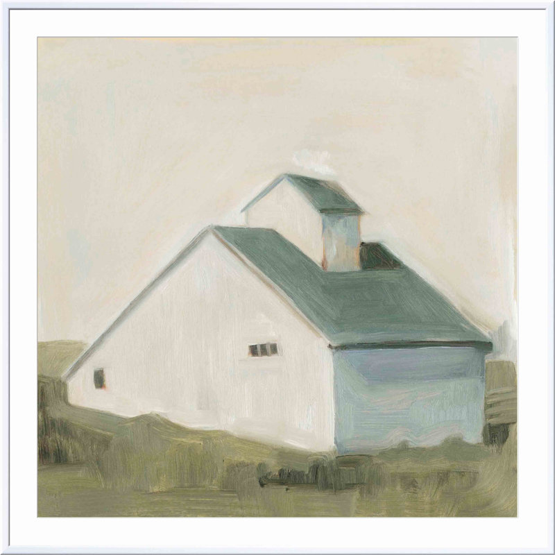 «Serene Barn I» par Emma Scarvey - peinture encadrée, H 32 po x l 48 po, Blanc