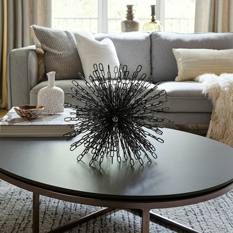 Iron Metal Orb with Abstract Chain-Link Burst Design Modern Decorative Sculptural Accent Contemporary Art Object, Black