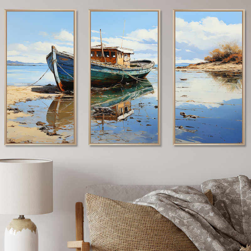 Fhses bateau au bord du lac II - art mural bateau côtier, Cadre flottant brun, H 28 po x l 36 po