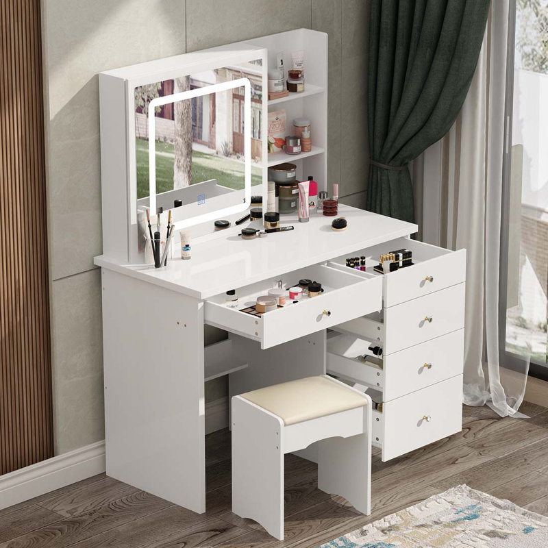 39.4'' Wide Makeup Vanity Set with Stool and Mirror