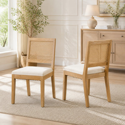 Chaise de salle à manger Mid-Century en bois massif avec dossier canne, beige (ensemble de 2)