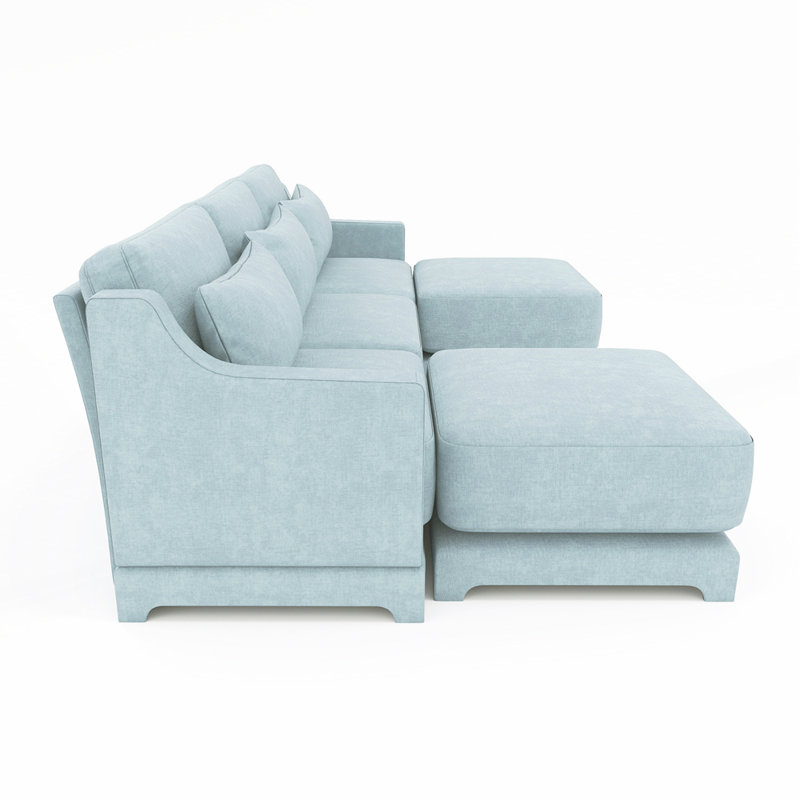 Canapé à trois places avec 2 repose-pieds mobiles et coussin lombaire en chenille éponge à haute résilience, Bleu ciel