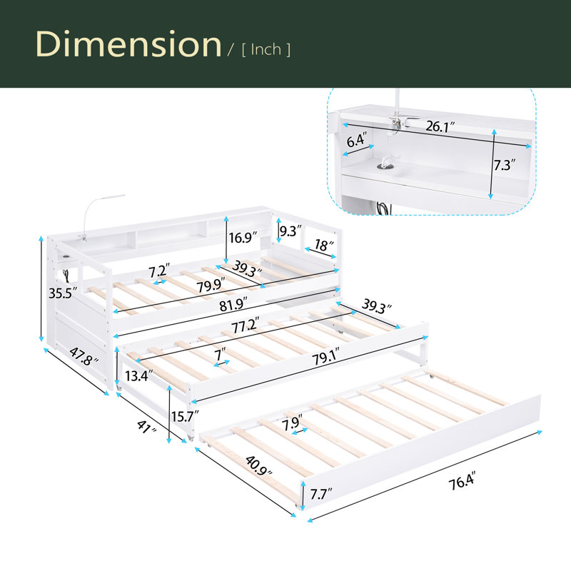 Wood Daybed With 2 Trundles, 3 Storage Cubbies, 1 Light For Free And USB Charging Design, White