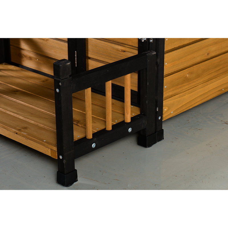 Grande niche pour chien avec plateforme d'alimentation surélevée, boîte de rangement latérale et porte verrouillable - maison en bois de sapin pour petits et moyens chiens, porche de chenil pour animaux de compagnie jaune, toit en asphalte, plateforme