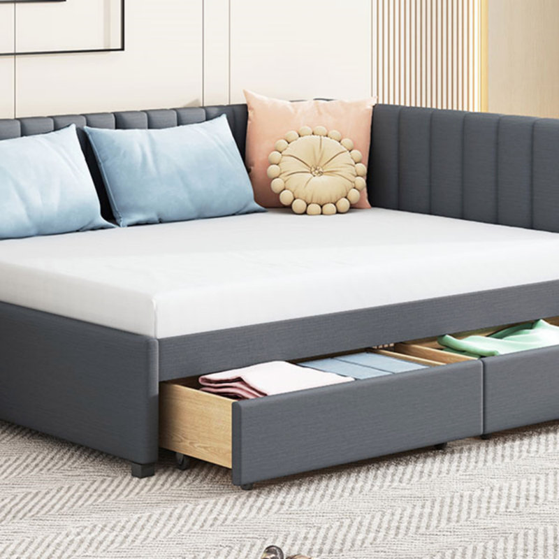 Full Size Upholstered Daybed with 2 Storage Drawers Sofa Bed Frame No Box Spring Needed, Linen Fabric, Gray