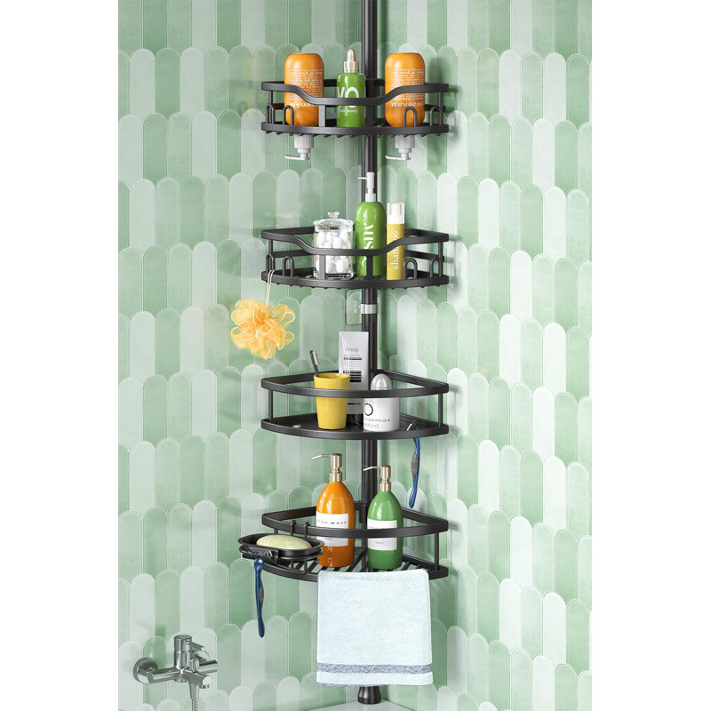 Corner Shower Caddy Tension Pole: Rustproof 4-Tier Bathroom Organizer Shelves, Black