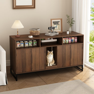 Enceinte cachée pour litière pour chat, contrôle d'intimité et d'odeurs avec rangement, avec griffoir pour chat et tablettes ouvertes, armoire à chat, maison pour chat d'intérieur, meuble télé, salle de bain pour chat