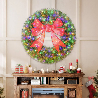 Très grande couronne de Noël de 60 pouces avec arc rouge 3D, 300 Leds blanc chaud et multicolores avec 11 modes, télécommande, cadre en métal résistant aux intempéries pour une décoration intérieure / extérieure des Fêtes