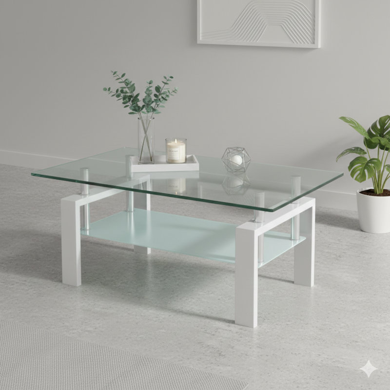 Table basse à deux niveaux en verre trempé transparent, table centrale de salon