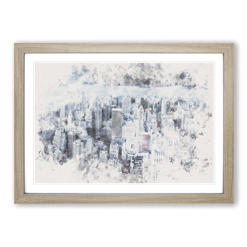 Moody New York City Skyline - Picture Frame Graphic Art Print, 33cm H x 45cm W x 2cm D, Oak Framed