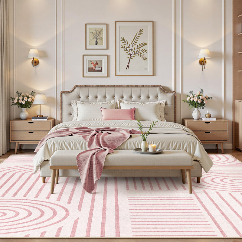 Washable Area Rug Rainbow Striped Non Slip Pink Carpet  for Nursery Baby Room Bedroom , Rectangle 9' x 12', Pink