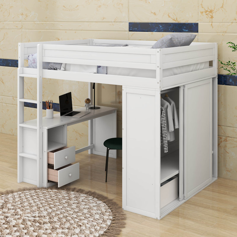 Lit mezzanine double avec placards et bureau, Lit double, Blanc