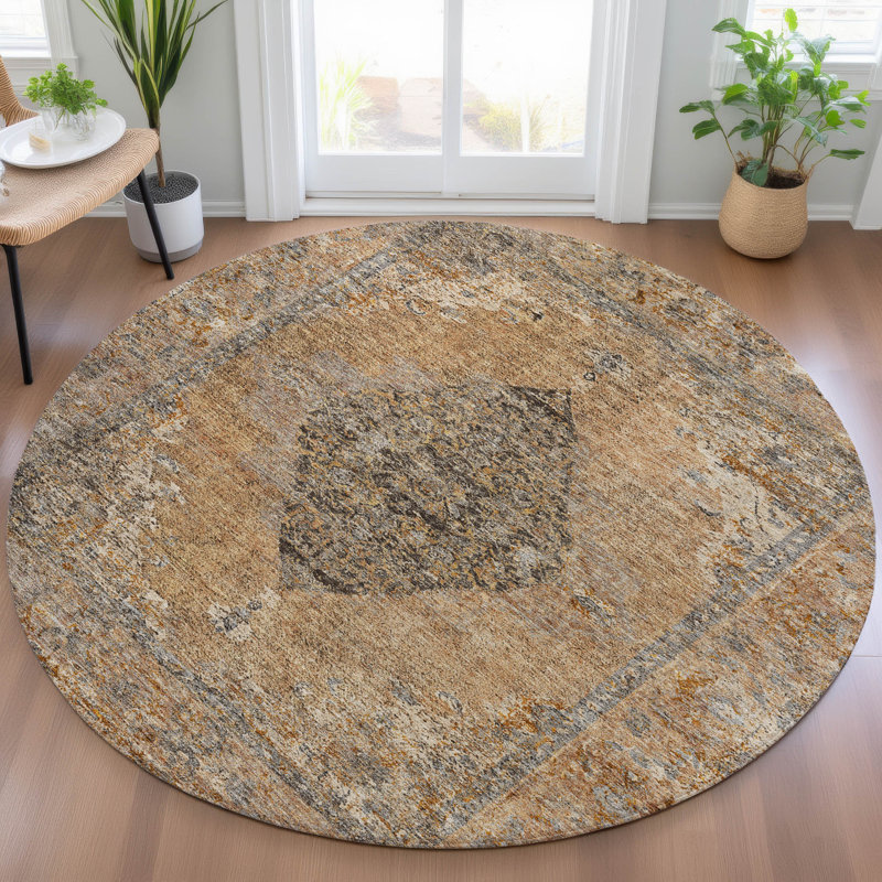 Machine Washable Indoor/Outdoor Xhevrie Copper Rug, Round 8'