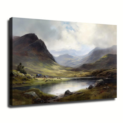 Tableau sur toile vintage représentant les Highlands écossaises, paysage champêtre écossais, prêt à accrocher, idéal pour le salon.