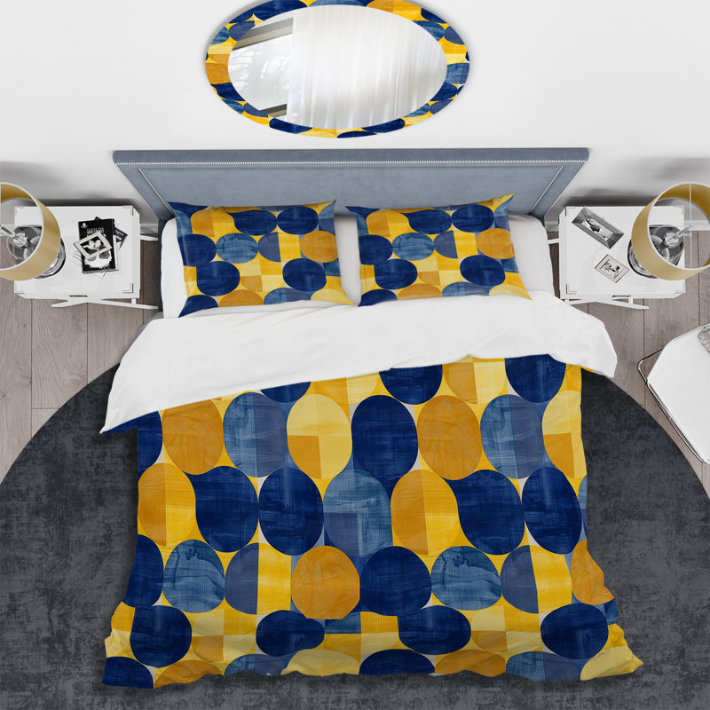 Ensemble de housse de couette moderne bleu et jaune Modern Circles II, Housse de couette très grand et 2 très grandes t