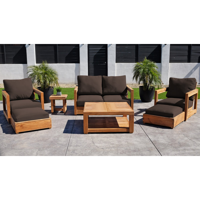 Ensemble de conversation Stilijan en teck avec coussins Sunbrella®, Table, Loveseat, 2 Chairs, 2 Ottomans, Side Table, Noyer