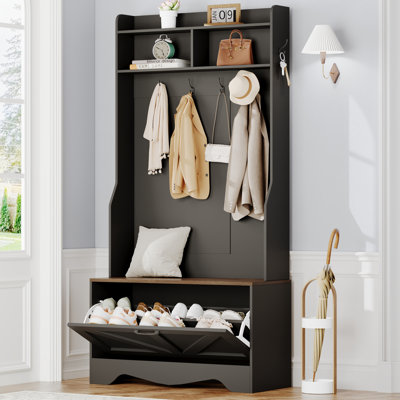 Entryway Hall Tree with Bench, Coat Rack, and Shoe Cabinet - Farmhouse Style with Flip Drawers and Organizer