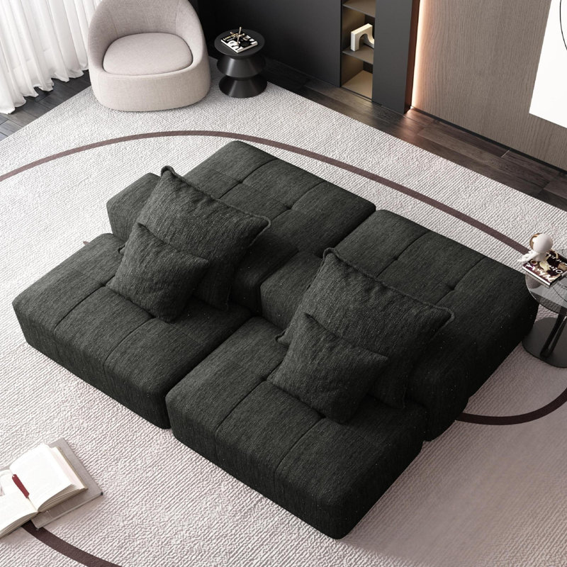 Canapé modulaire moderne surdimensionné avec 2 repose-pieds | Ensemble 4 pièces | Tissu chenille scintillant | Aucun assemblage requis | Comprend 4 coussins | Noir