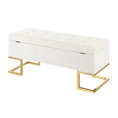 Banc de rangement contemporain en acier doré et velours blanc
