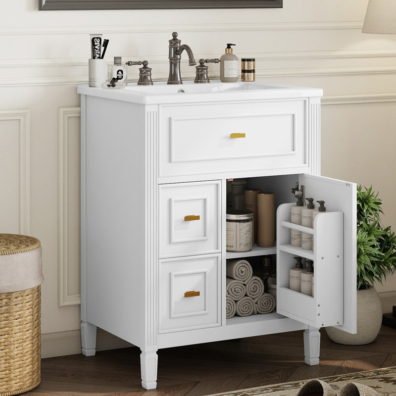 Meuble-lavabo 24 po avec lavabo, meuble-lavabo avec un tiroir rabattable et deux tiroirs, tablette réglable, Blanc