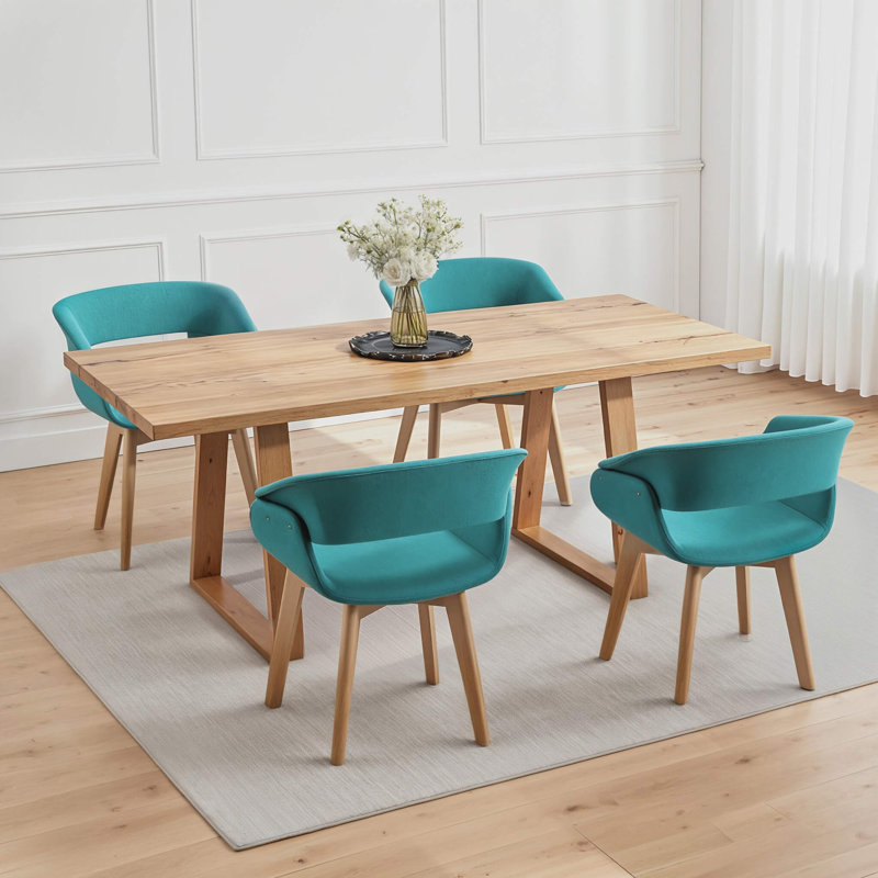 Modern Dining Room Accent Arm Chairs, Mid-Century Upholstered Fabric Chair with Solid Wood Legs, Green