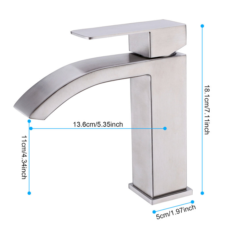 Single Handle Waterfall Bathroom Sink Faucet In Brushed Nickel - Rectangular Spout Creates Heavenly Effect Corrosion And Quality Finish Material For Plating Extra Large Forms Magnificent Outlet