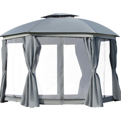 Grey 12' X Outdoor Gazebo With Double Vented Roof, Steel Frame, Netting Sidewalls & Curtains For Backyard Enjoyment Strong Patio And