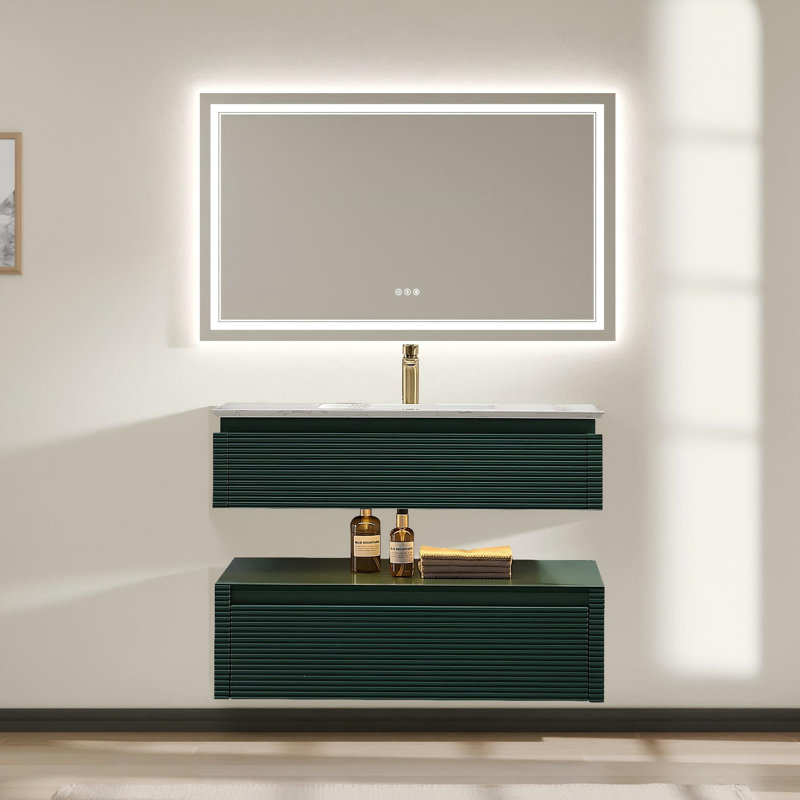Meuble-lavabo mural 48 po vert luxueux avec lumière DEL et pierre d'ingénierie