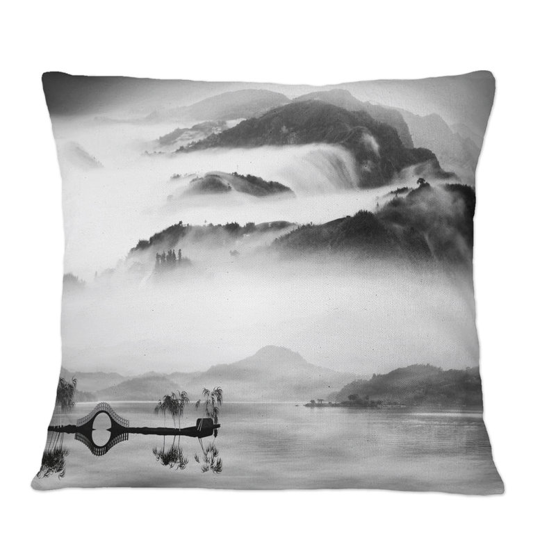 Paysage de montagne monochrome chinois - coussin décoratif traditionnel, 18 po x 18 po