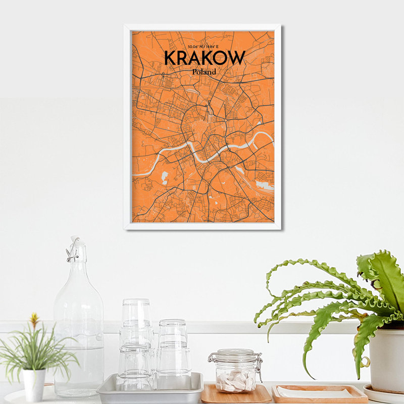 «Krakow City Map», impression de luxe, H 24 po x l 18 po, Orange / gris