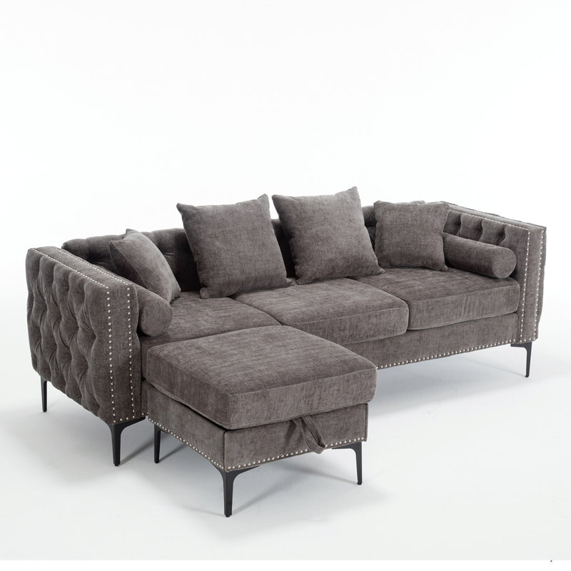 L Shaped Sectional Sofa , Convertible Storage Ottoman,Chenille ,Square Arm, Modern Tufted Couch ,3 Seater, And Nailhead