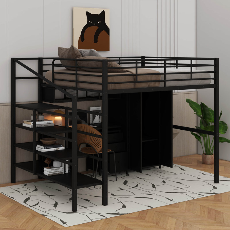 Lit mezzanine double en métal avec garde-robe et table