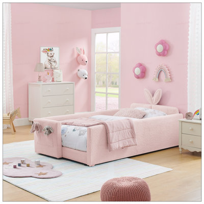 Twin Size Upholstered Platform Bed with Rabbit Ear Headboard, Safety Rail, and Dual-Drawer Storage, Boucle Fabric