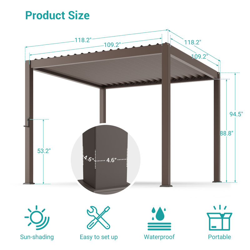 Aluminum Pergola with Adjustable Louvers for Outdoor, 10 ft x 10 ft, Brown
