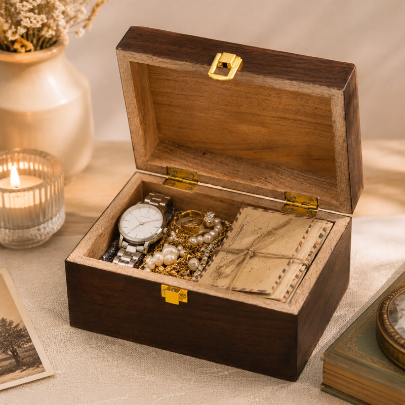 Boîte à souvenirs décorative en bois d'acacia fabriquée à la main 7 po , Moyenne