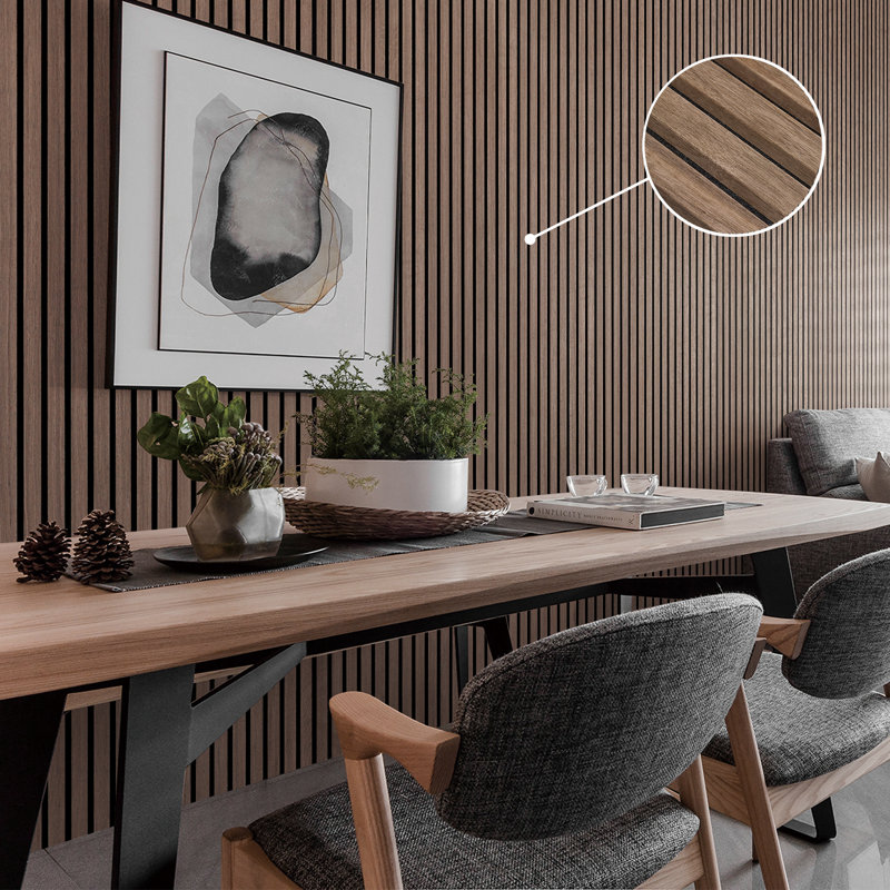Panneau mural acoustique à 3 côtés en placage de bois véritable - Grille en polyester à lattes insonorisantes pour le salon, le studio ou la salle de musique - Finition naturelle, installation facile